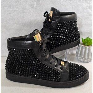 Ferrari Massari‎ Men's Black Italian Calf Skin Sneakers Rhinestones Size 10